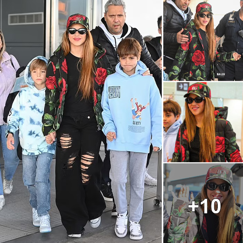 Shakira’s Stylish Arrival: Singer Rocks Rose-Covered Jacket at JFK Airport with Her Two Sons